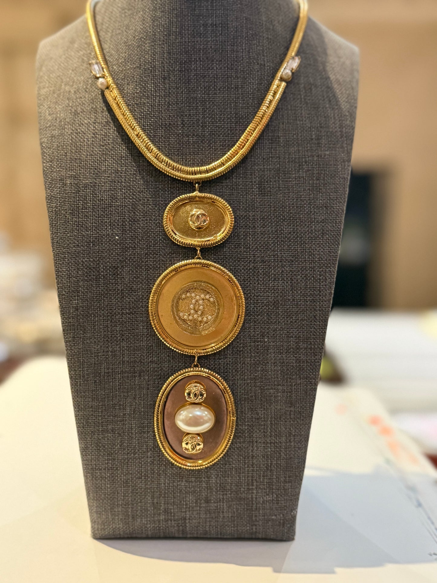 Triple Gold Plated Pendants with Vintage Buttons