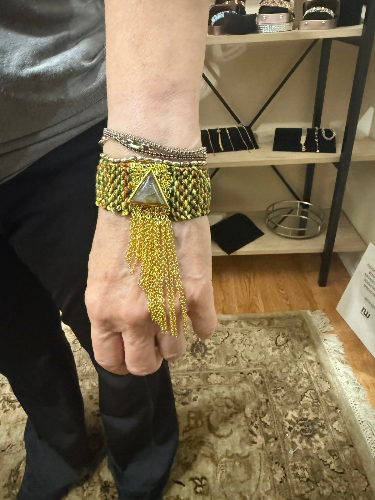 Labradorite Gemstone and Handwoven Bracelet with Fringe Chain
