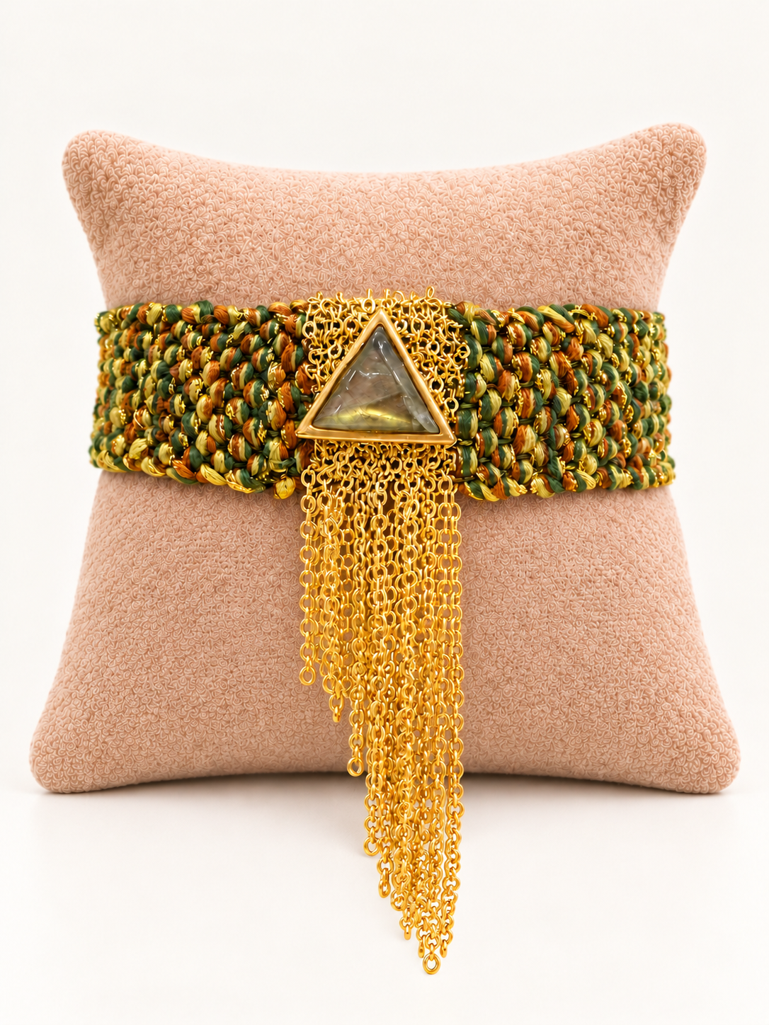 Labradorite Gemstone and Handwoven Bracelet with Fringe Chain