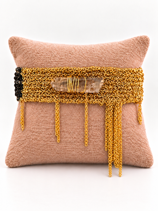 Multi Dark gold Plated Hand woven Chain Bracelet with Clear Quartz