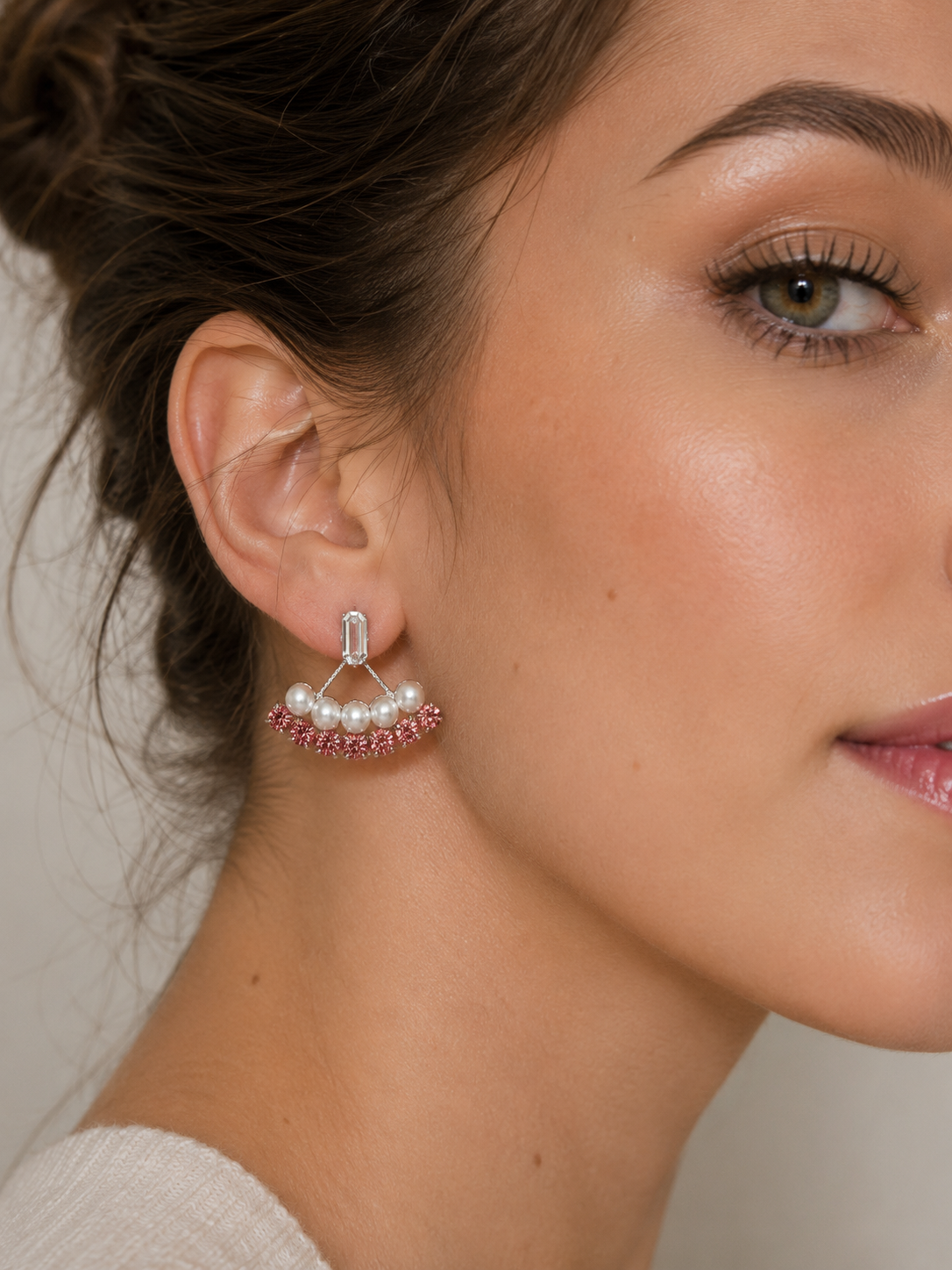 Pink and Pearl Crystal Ear Jacket Earrings