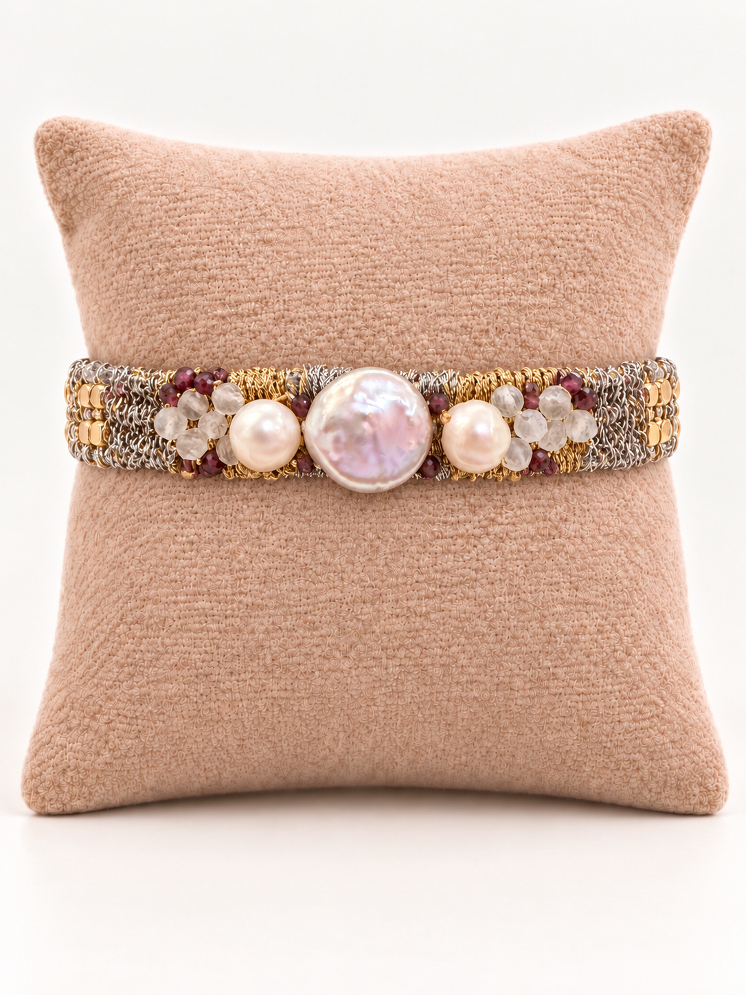 Freshwater baroque pearl, Garnet, and Moonstone hand woven Bracelet