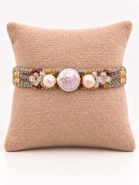 Freshwater baroque pearl, Garnet, and Moonstone hand woven Bracelet
