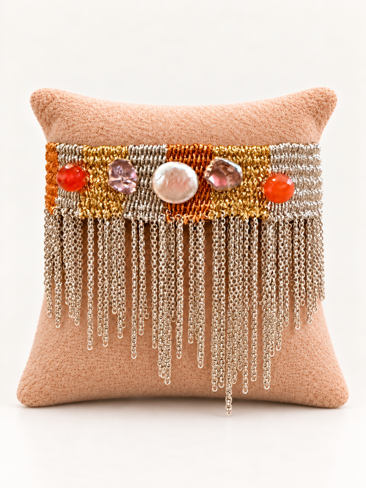 Hand Woven Carnelian and Grey and White Pearl Fringe Bracelet