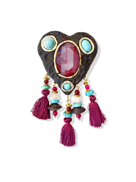 Boho fringe heart brooch