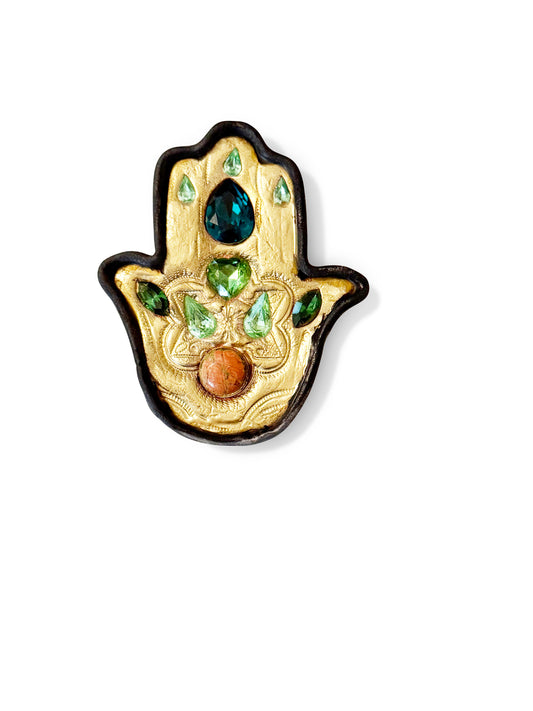 Green and Gold Hamsa Brooch Pin