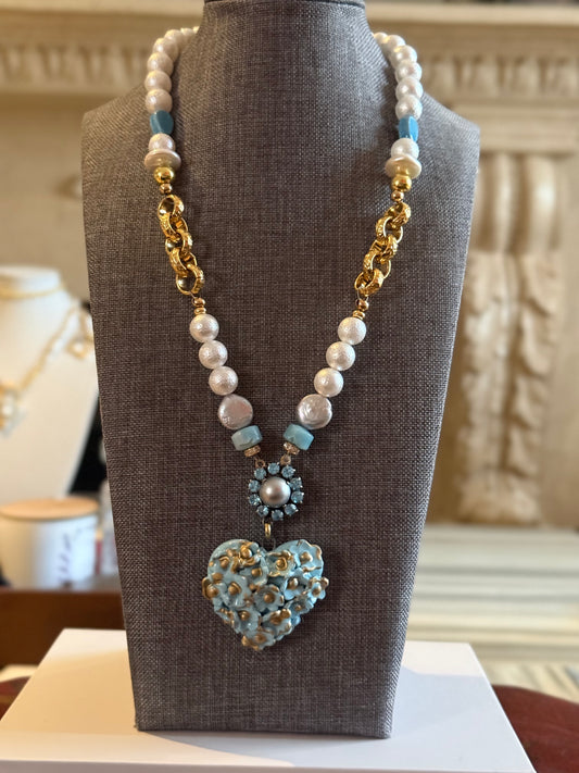 Sea Blue Porcelain Heart Pendant Necklace