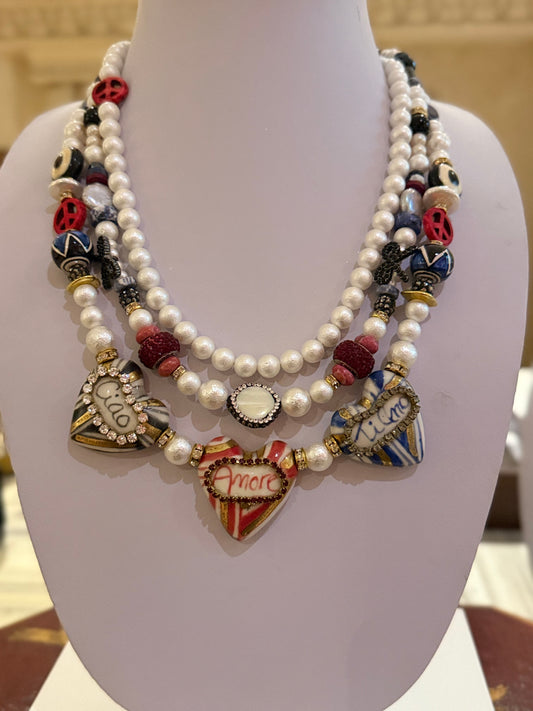 Ciao Bella handmade Porcelain  triple Strand Necklace