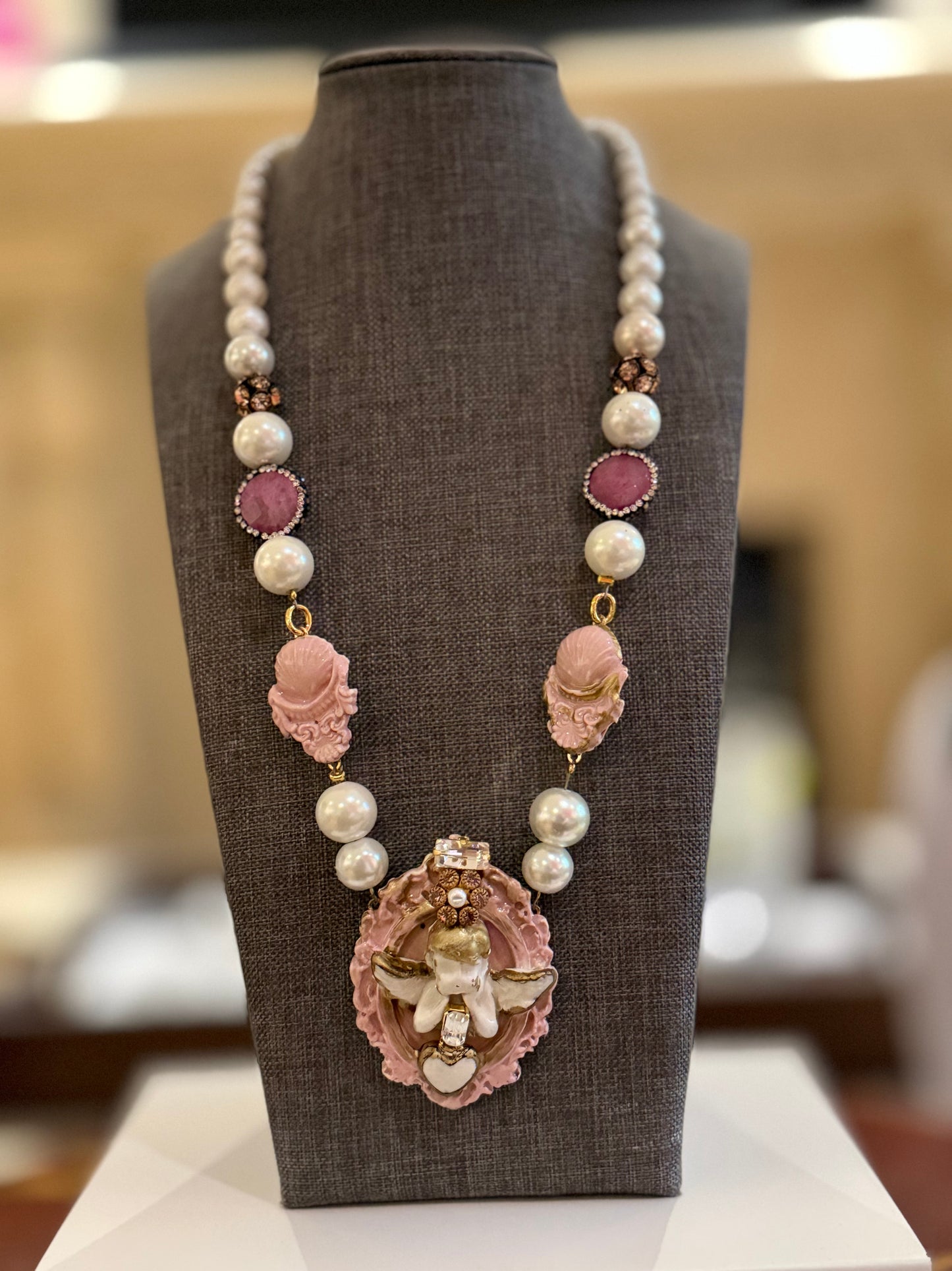 Pink Sunset Porcelain Angel Pendant Necklace