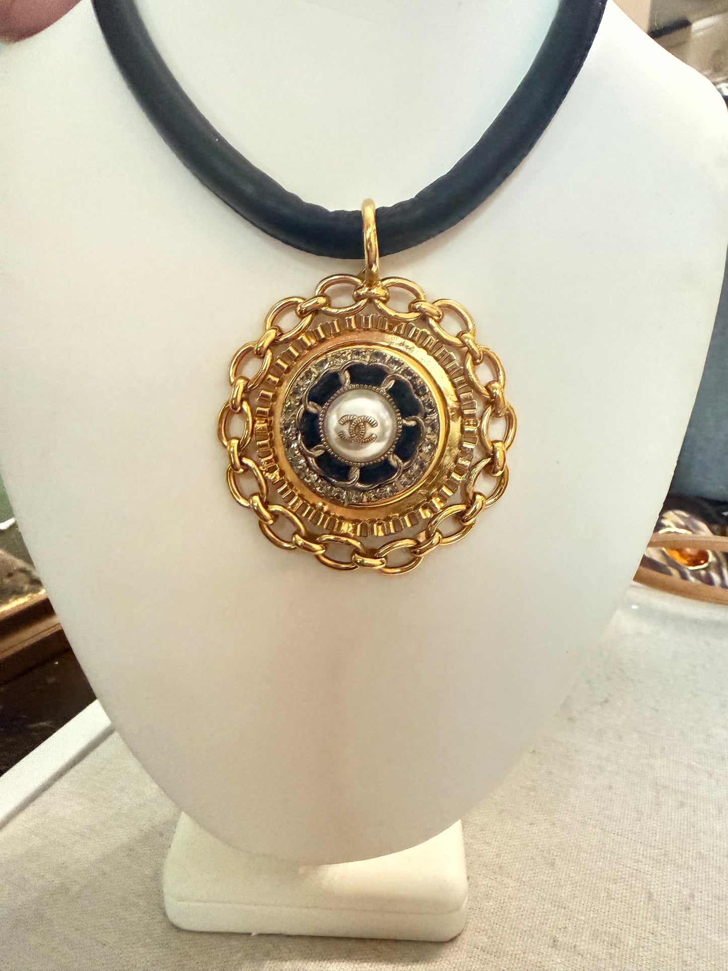 Gold and Black Velvet Vintage Button Necklace