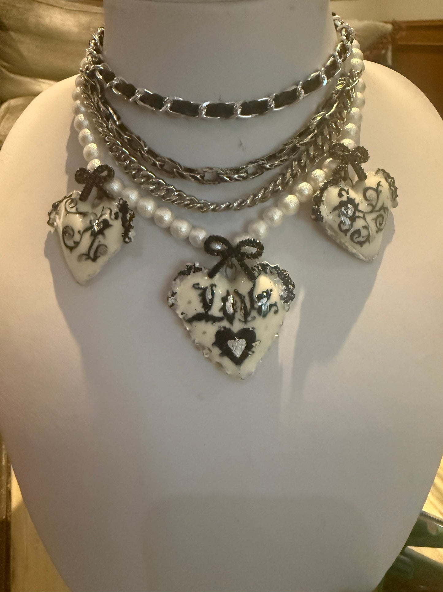 Triple heart Porcelain Statement Layered Necklace