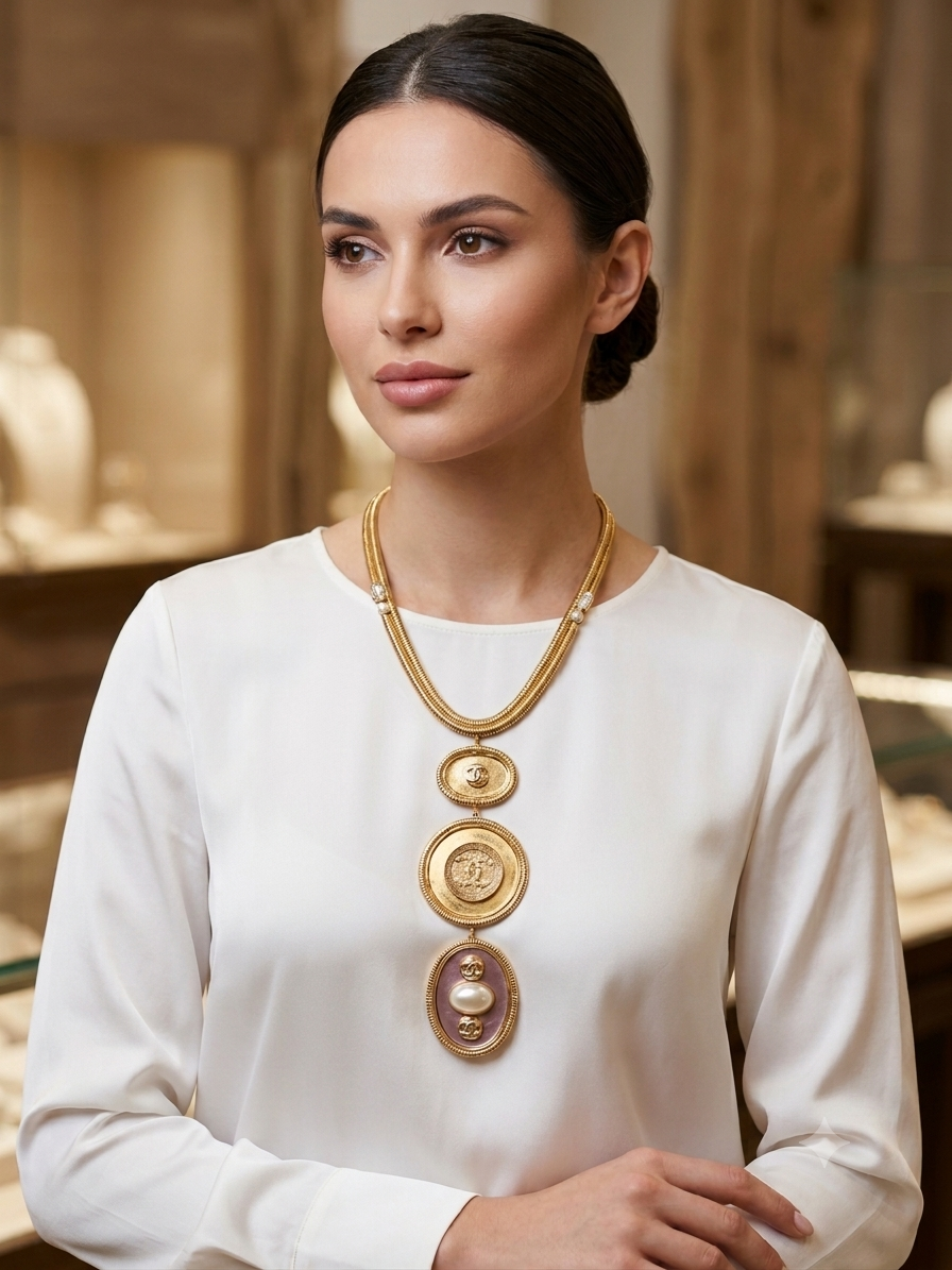 Triple Gold Plated Pendants with Vintage Buttons