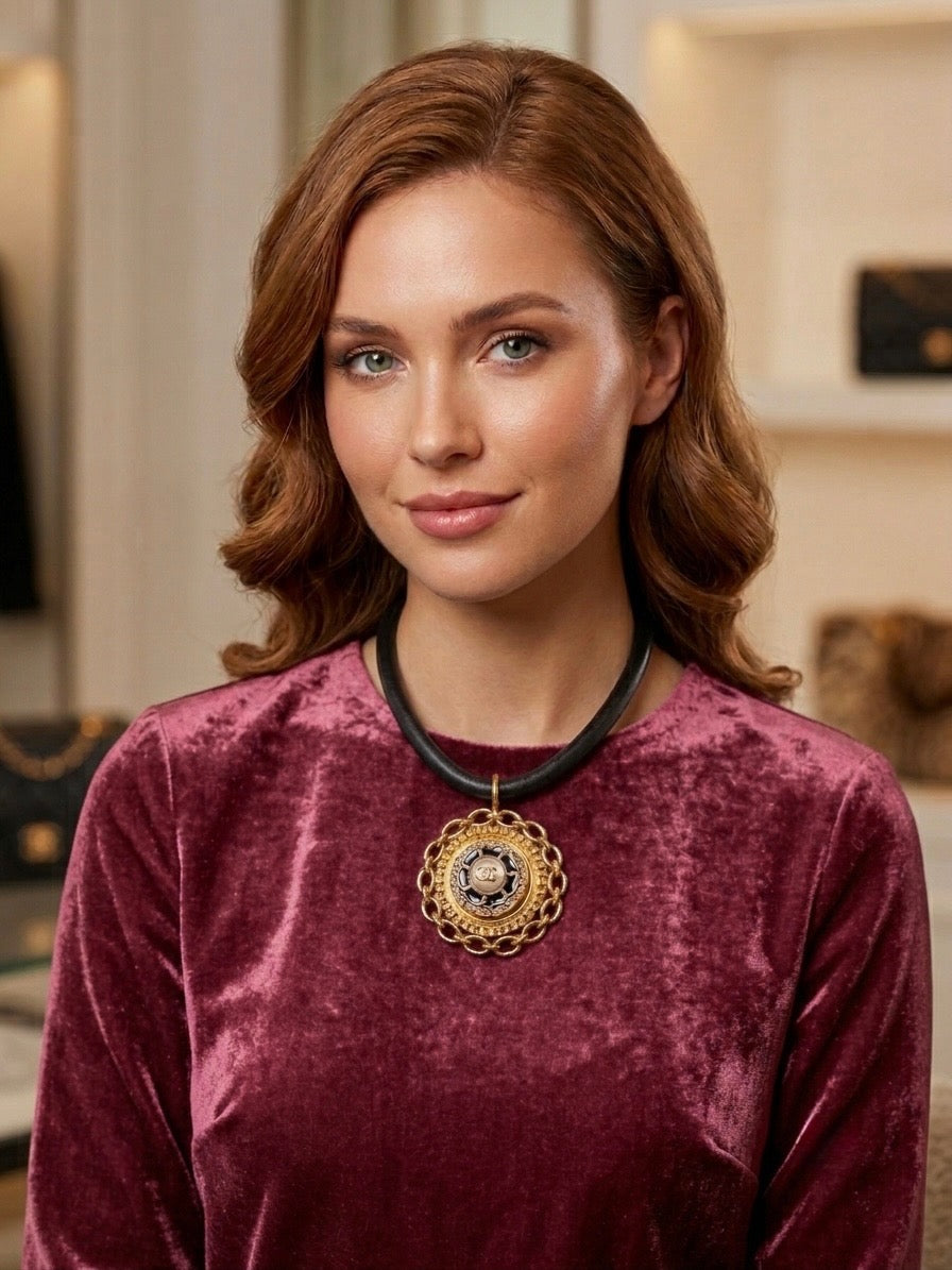Gold and Black Velvet Vintage Button Necklace