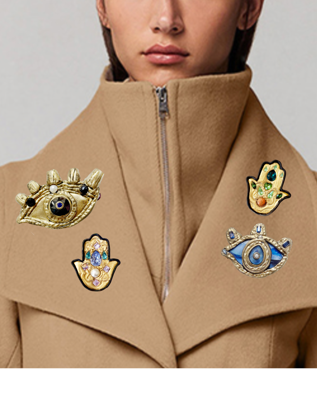 Green and Gold Hamsa Brooch Pin